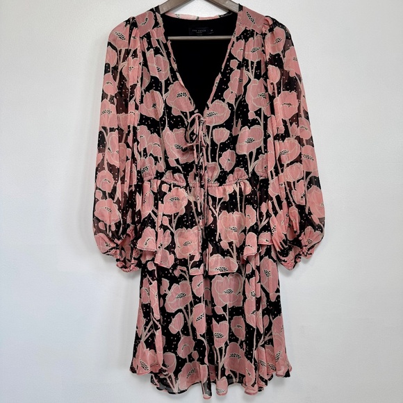 NWOT TED BAKER Priana Ruffle Sleeve Floral Romantic Mini Dress Pink Black Size 2 - Picture 2 of 15